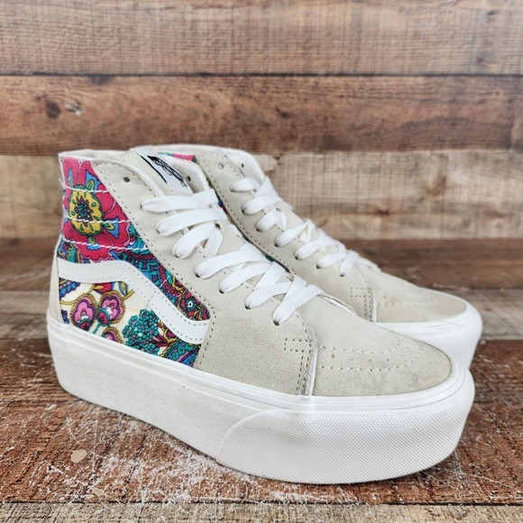 Vans Sk8hi Tepered Stackform Women Size 6.5 Beige Paisley Bloom Platform Sneaker - Picture 1 of 11